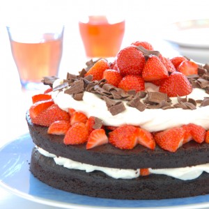 Chocolate Cake with Strawberries and Cream Featured