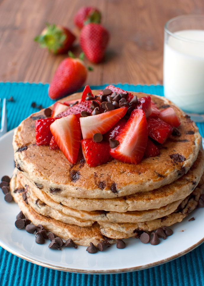 Chocolate Chip Oatmeal Pancakes with Strawberries