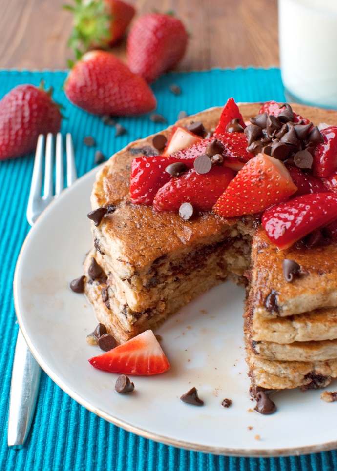 Chocolate Chip Oatmeal Pancakes with Strawberries
