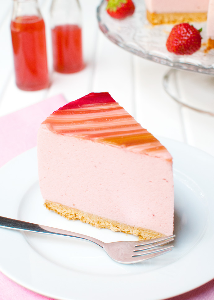 Strawberry Mousse Cake with Candied Rhubarb