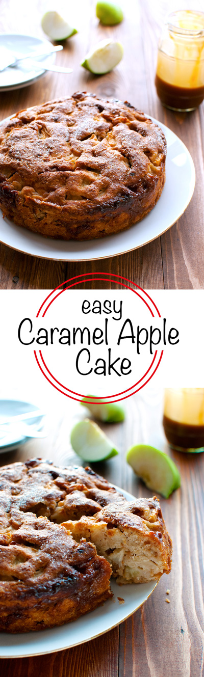 Easy Caramel Apple Cake - You don't need a mixer, just a wooden spoon. And this cake is sooooo good! | thetoughcookie.com
