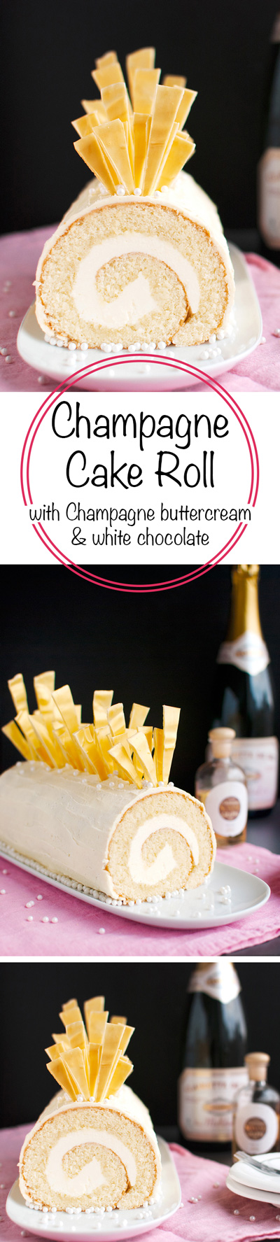 Champagne Cake Roll - Champagne cake, filled with Champagne buttercream, coated in white chocolate ganache, and topped with amazing white chocolate shards. Impress your guests! | thetoughcookie.com 