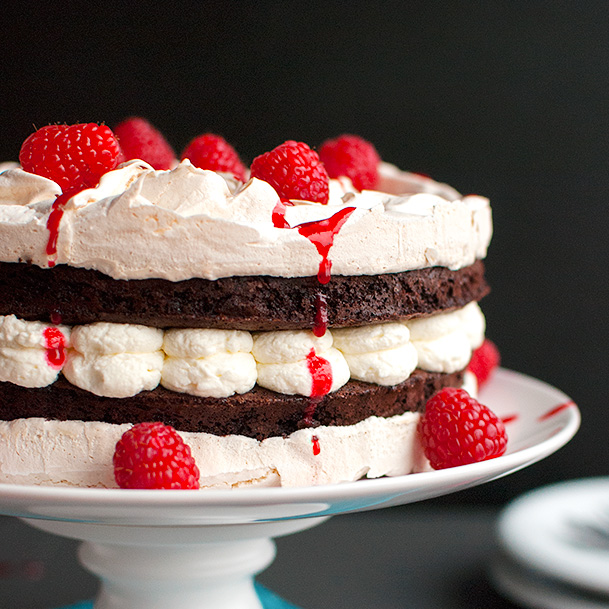 Chocolate Meringue Layer Cake With Raspberries And Cream The Tough Cookie