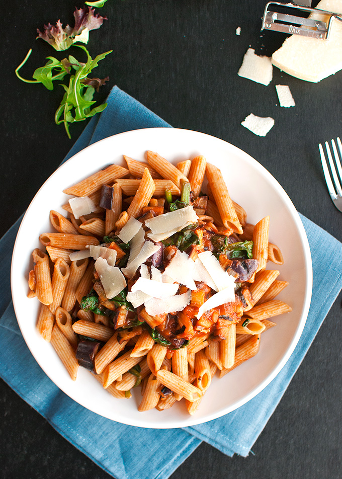 The Tough Cookie | 20-Minute Eggplant and Spinach Penne Pasta | thetoughcookie.com