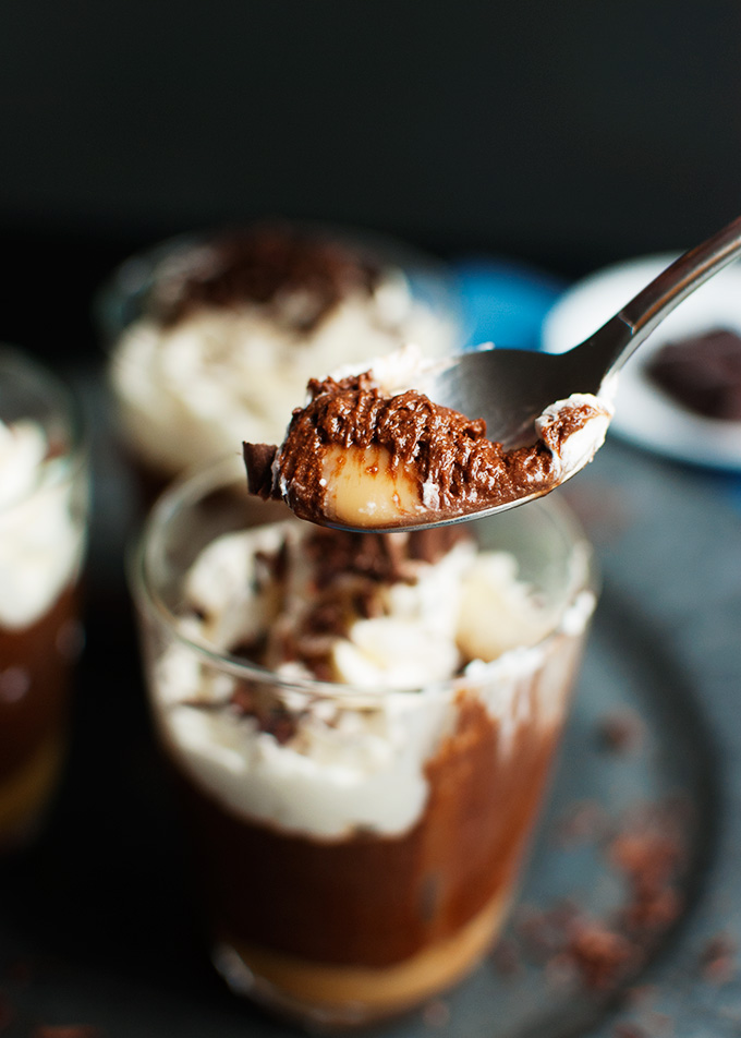 Salted Caramel Chocolate Mousse - A layer of salted caramel topped with a delicious dark chocolate mousse. The best! | thetoughcookie.com