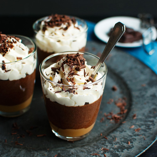 Salted Caramel Chocolate Mousse - A layer of salted caramel topped with a delicious dark chocolate mousse. The best! | thetoughcookie.com