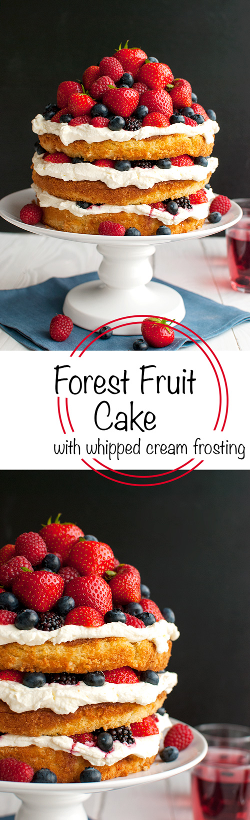 Forest Fruit Cake with Stabilized Whipped Cream Frosting - the whipped cream frosting is light and fluffy and creamy but holds it shape for days! | thetoughcookie.com