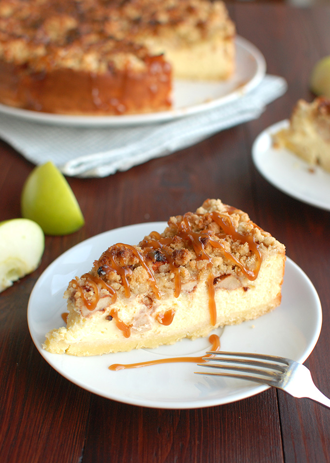 Apple Cheesecake with Buttery Streusel and a Salted Caramel Drizzle - the best cheesecake in the world! | thetoughcookie.com