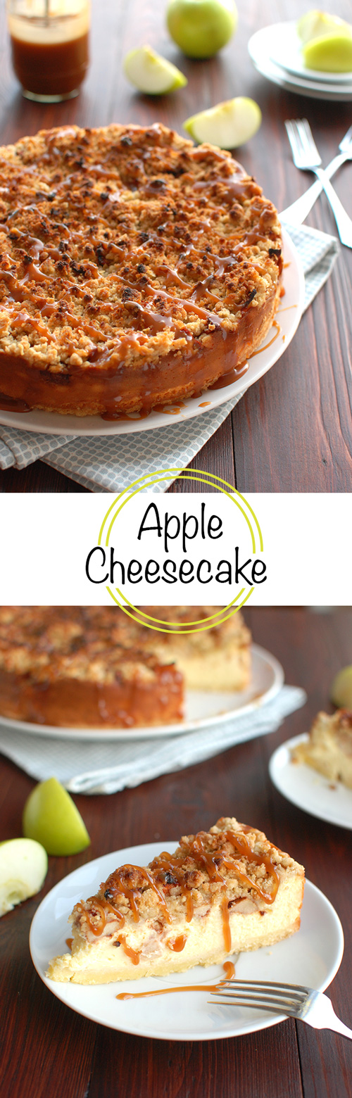 Apple Cheesecake with Buttery Streusel and a Salted Caramel Drizzle - the best cheesecake in the world! | thetoughcookie.com