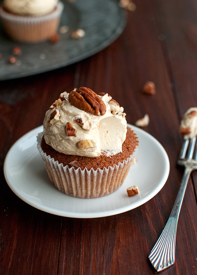 Pecan Pie Cupcakes with the Smoothest Pecan Pie Ermine Buttercream Frosting | thetoughcookie.com