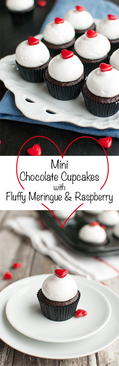Mini Chocolate Cupcakes with Meringue and Raspberry - Delicious dark chocolate mini cupcakes, filled with raspberry jam and topped with the fluffiest meringue and a cute little heart. Perfect for Valentine's Day! | thetoughcookie.com