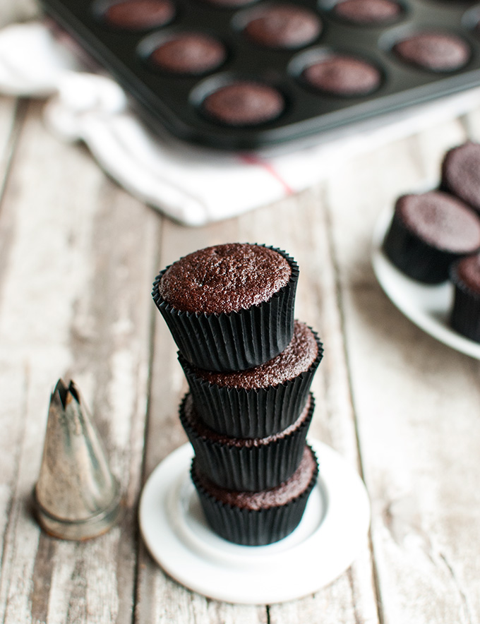 Mini Chocolate Cupcakes - This is a GREAT building block recipe. Just add your favorite frosting! | thetoughcookie.com